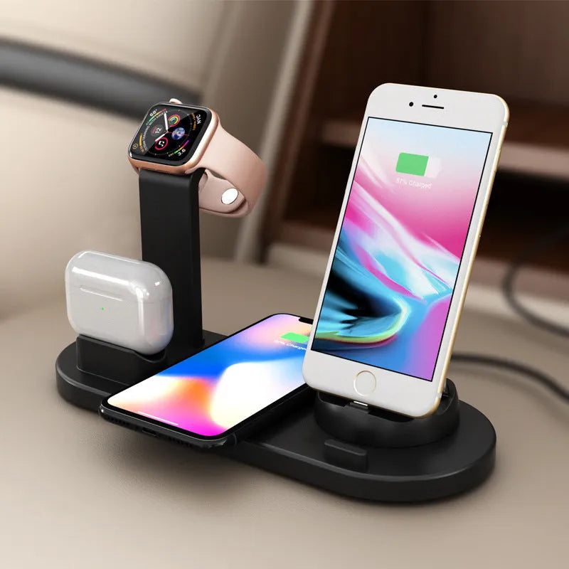 Three-in-one wireless charging bracket showing iPhone, Apple Watch and headphones charging simultaneously
