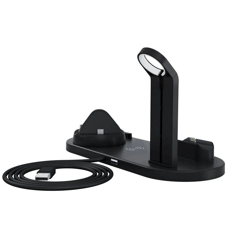 Three-in-one wireless charging bracket showing iPhone, Apple Watch and headphones charging simultaneously