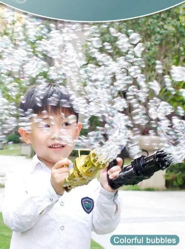 Children's bubble gun toy in pink, gold, or black with battery compartment and removable bubble head.