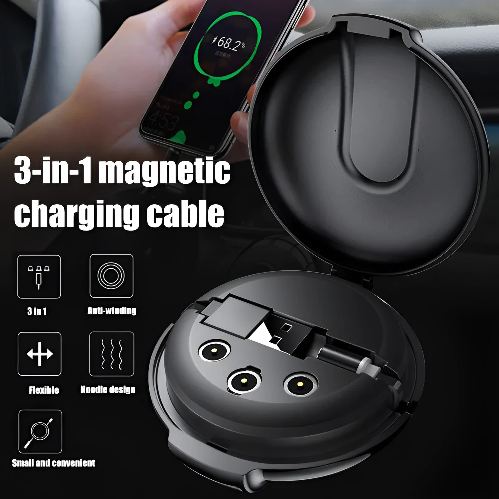 Black 3-in-1 magnetic retractable car phone charger with triple plugs and 1 metre cable
