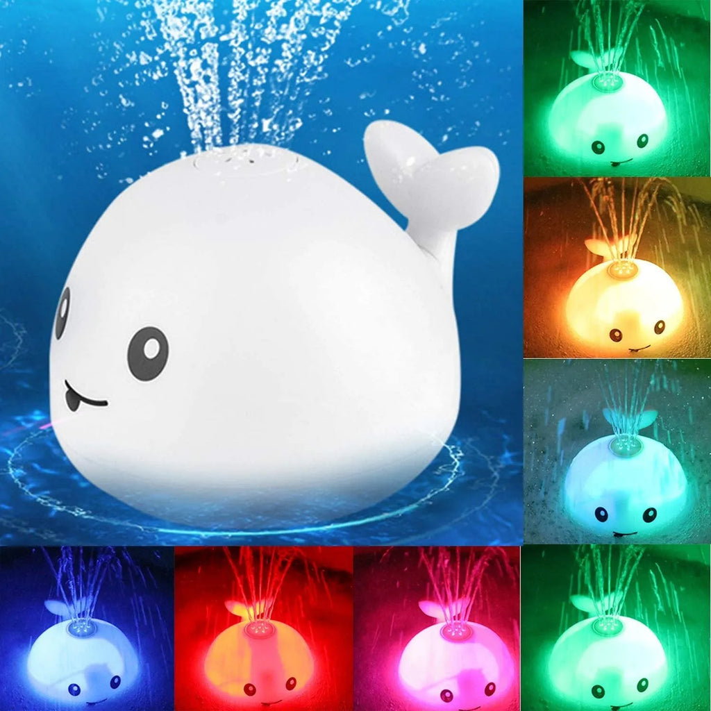 Electric induction whale spray bath toy with automatic water sensing, flashing light, and music functions