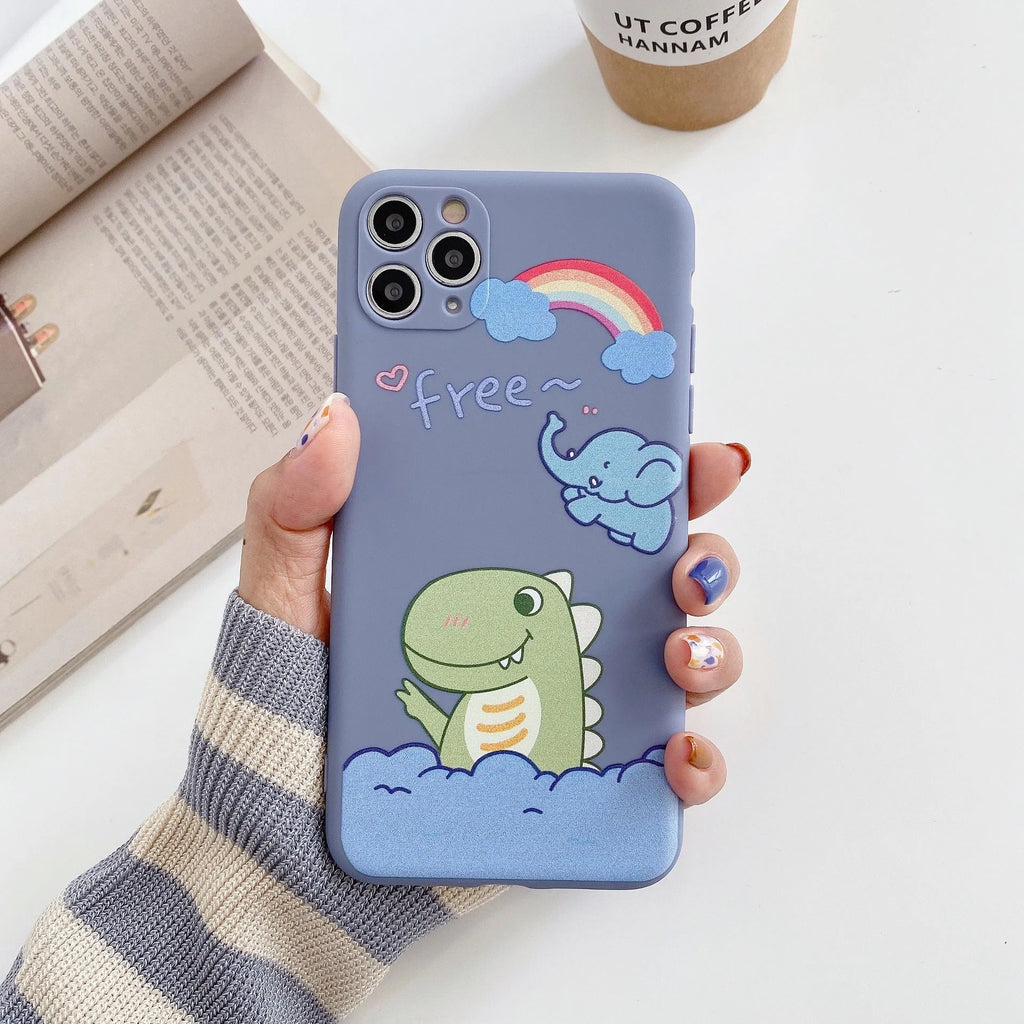 Cartoon dinosaur design TPU silicone mobile phone case for Apple iPhone in blue and pink colour options
