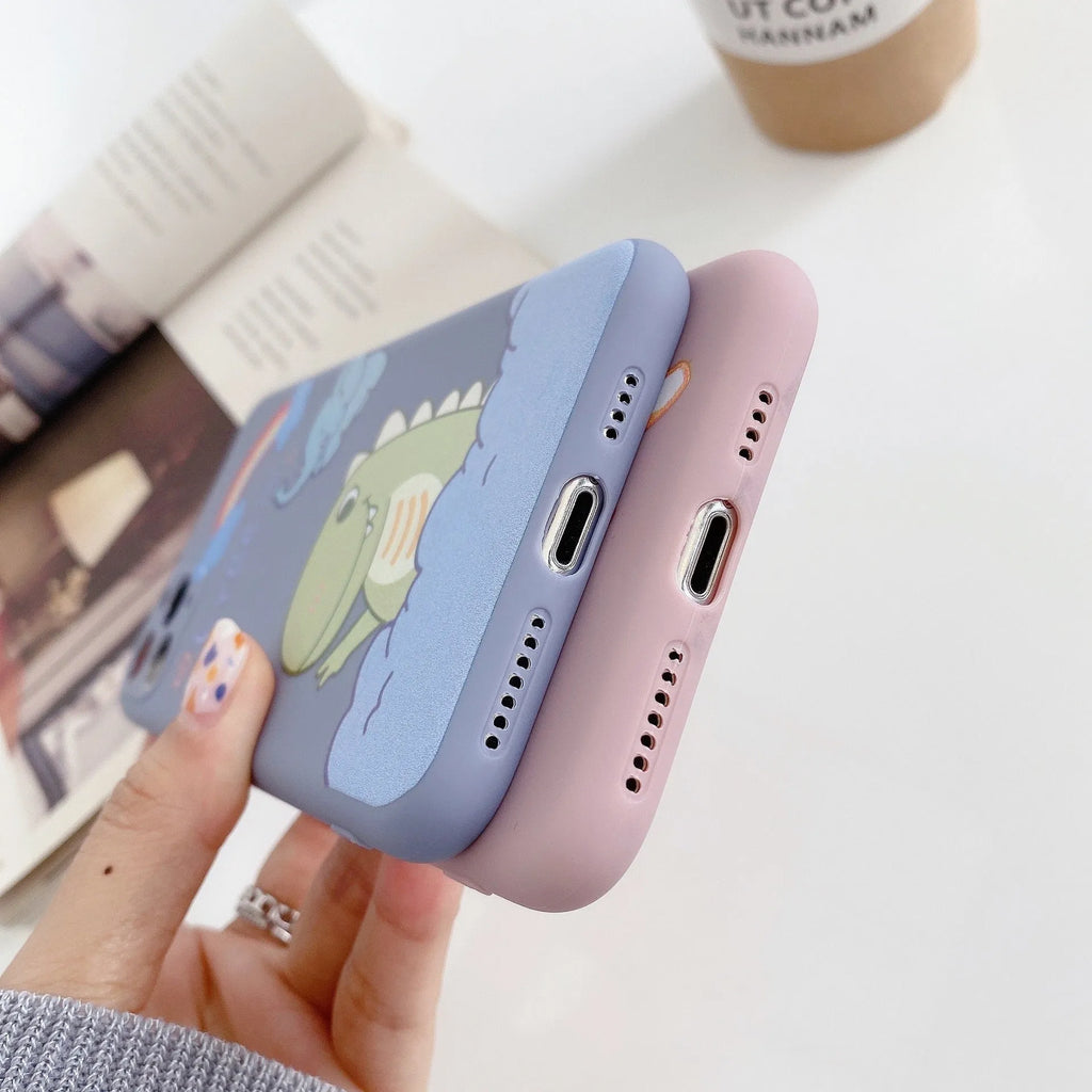 Cartoon dinosaur design TPU silicone mobile phone case for Apple iPhone in blue and pink colour options