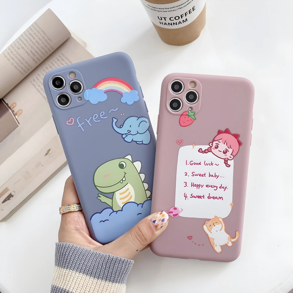 Cartoon dinosaur design TPU silicone mobile phone case for Apple iPhone in blue and pink colour options