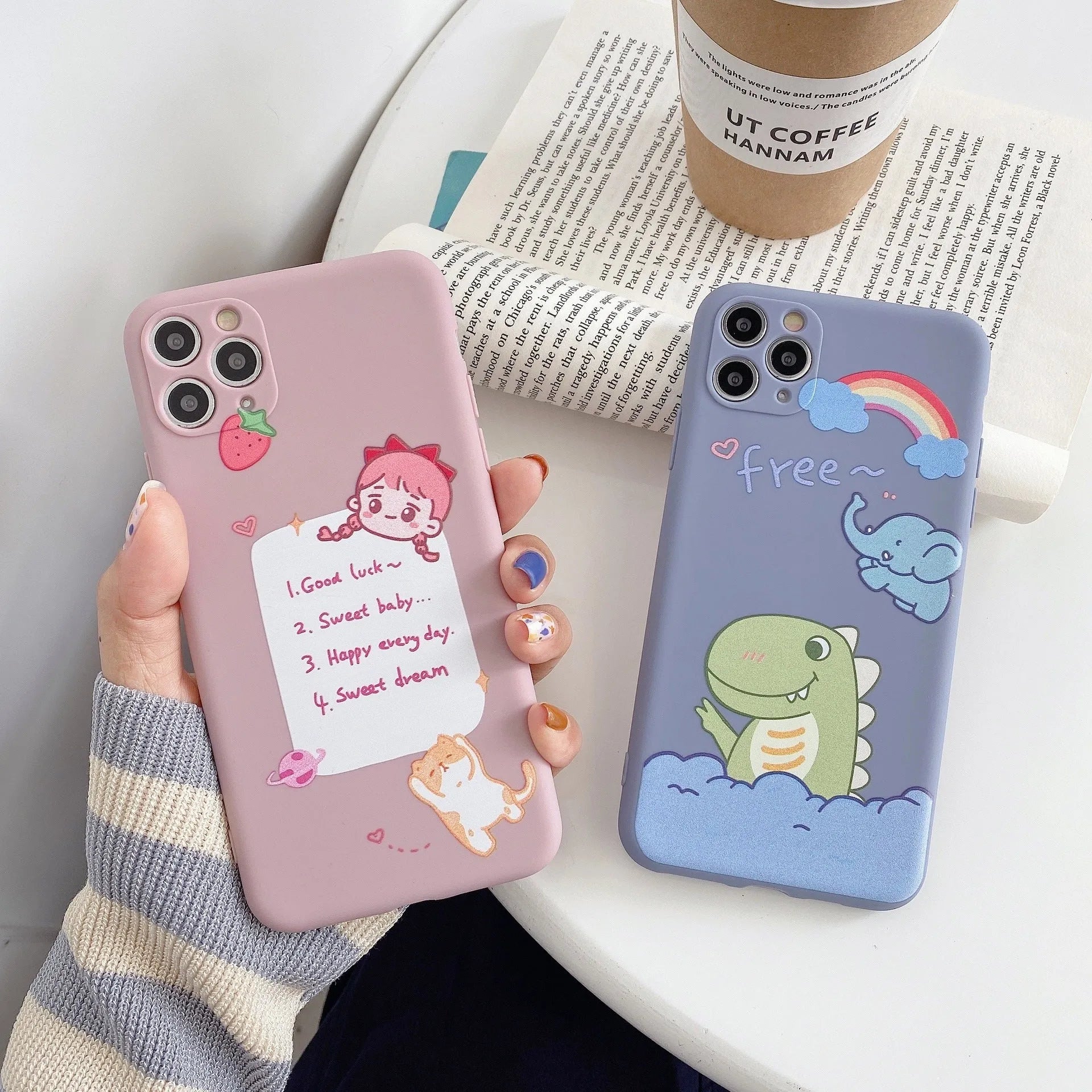 Cartoon dinosaur design TPU silicone mobile phone case for Apple iPhone in blue and pink colour options
