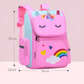 Lightweight polyester primary school bag with printed design, available in royal blue, purple, pink, and blue, two sizes.