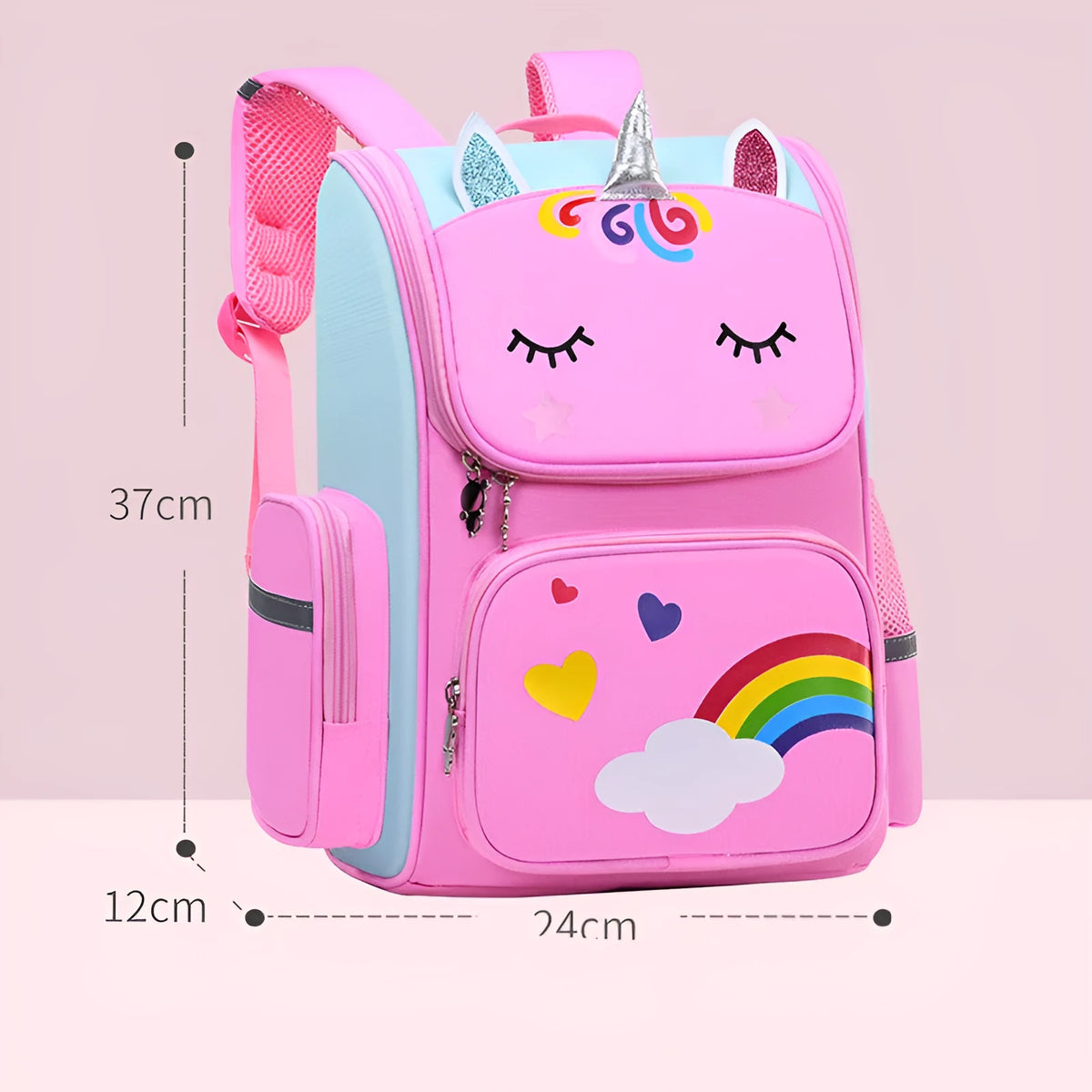Lightweight polyester primary school bag with printed design, available in royal blue, purple, pink, and blue, two sizes.