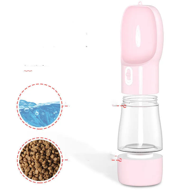 Blue portable dog water bottle with folding silicone bowl extended, showing carabiner clip.