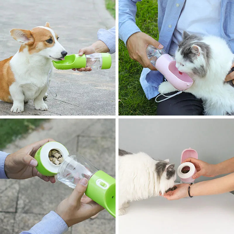 Blue portable dog water bottle with folding silicone bowl extended, showing carabiner clip.