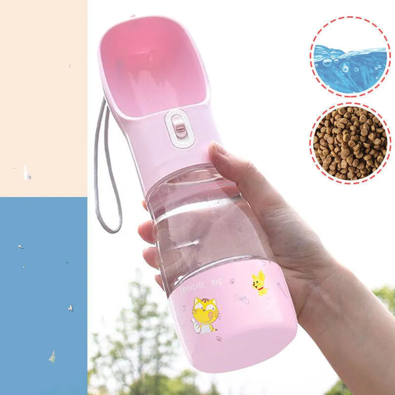 Blue portable dog water bottle with folding silicone bowl extended, showing carabiner clip.