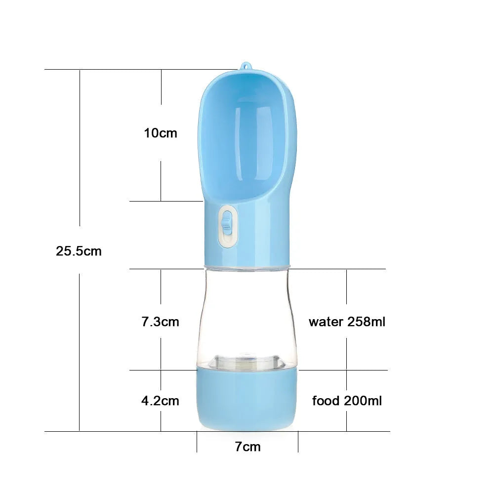 Blue portable dog water bottle with folding silicone bowl extended, showing carabiner clip.
