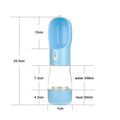 Blue portable dog water bottle with folding silicone bowl extended, showing carabiner clip.