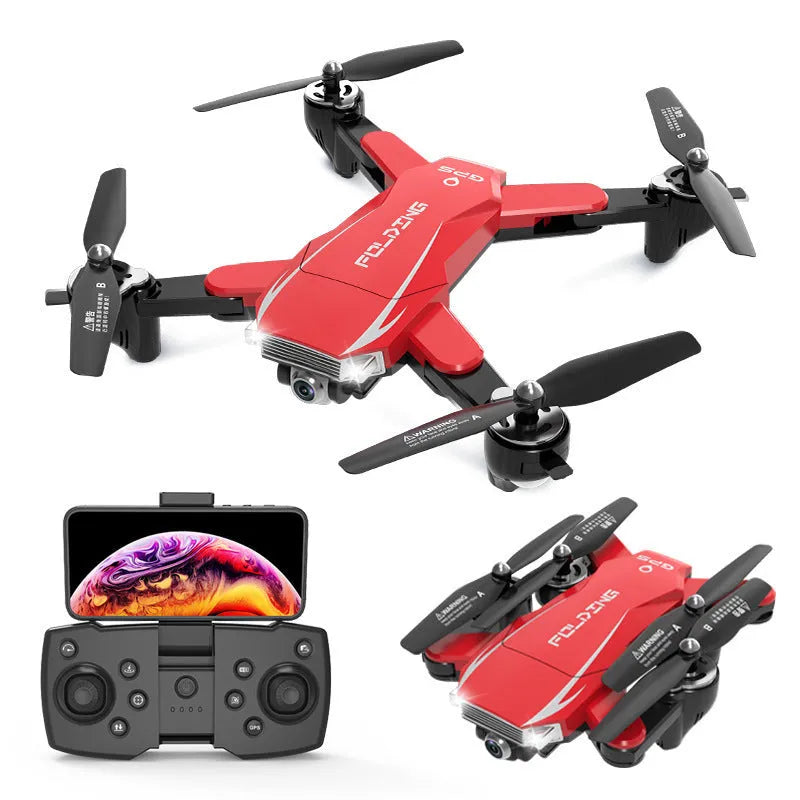 Black and red folding 4K quadcopter drone for children with remote control on grass