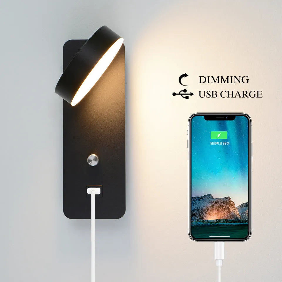 Square modern LED wall lamp with rotating head on white wall