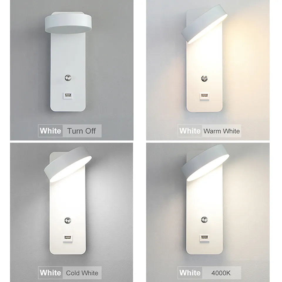 Square modern LED wall lamp with rotating head on white wall