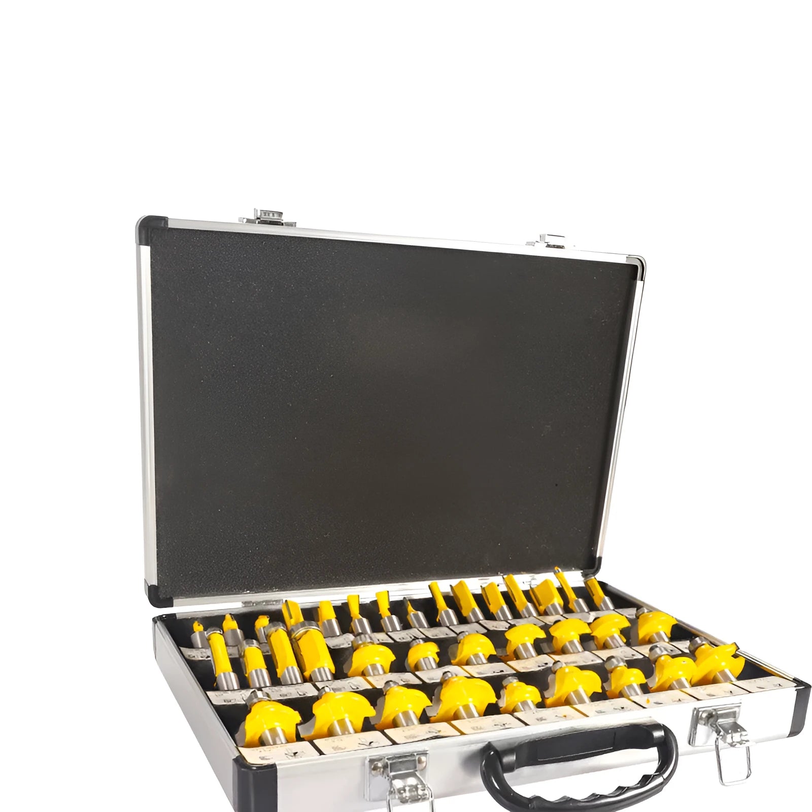 Woodworking milling cutter set with 35 side cutters arranged, showing different handle configuration options.