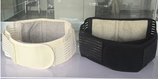 Self-heating waist protection fixed belt with magnetic therapy in black colour, showing elastic cloth construction and fastening system