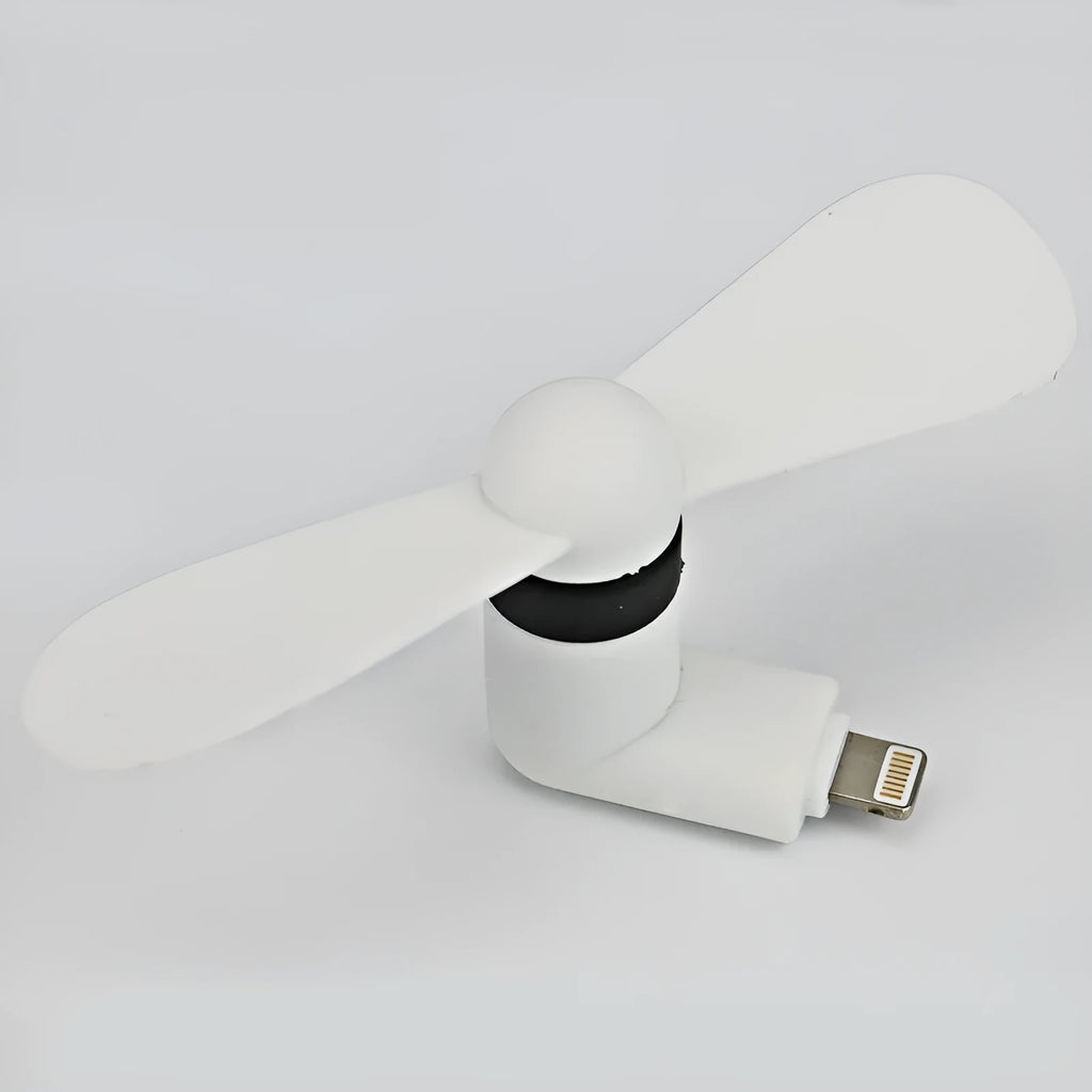 White portable mini fan with plastic blades and a rotary switch for mobile phones.