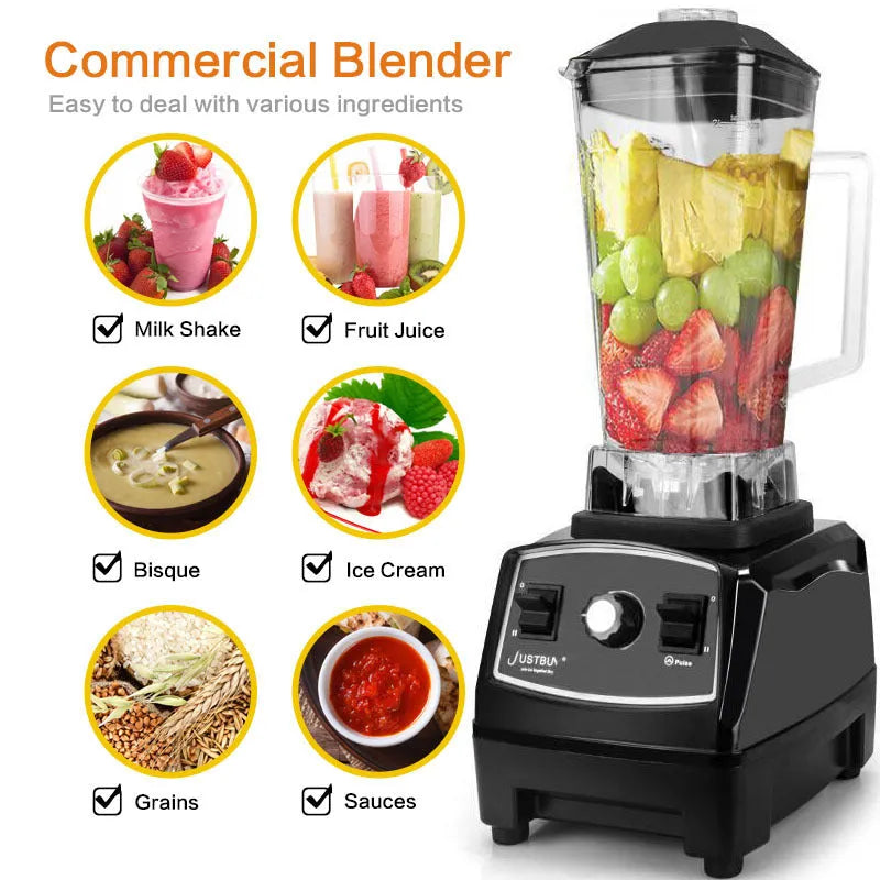 2200W kitchen blender with 2-litre jug, stainless steel blades, and control panel showing three speed settings