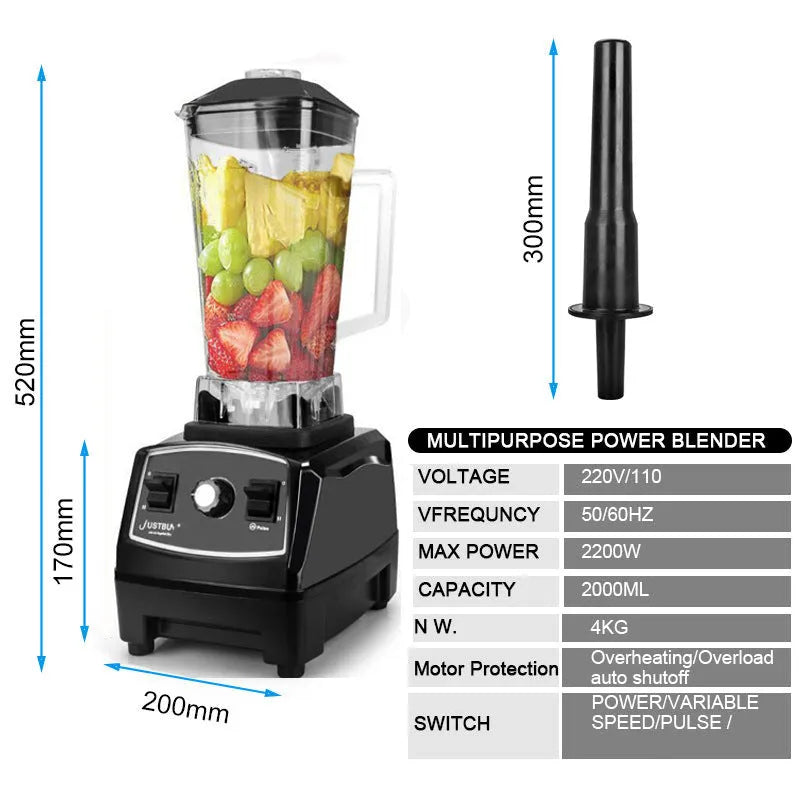 2200W high-speed blender in black or red with 2-litre capacity and 43,000 RPM motor for juicing and mincing