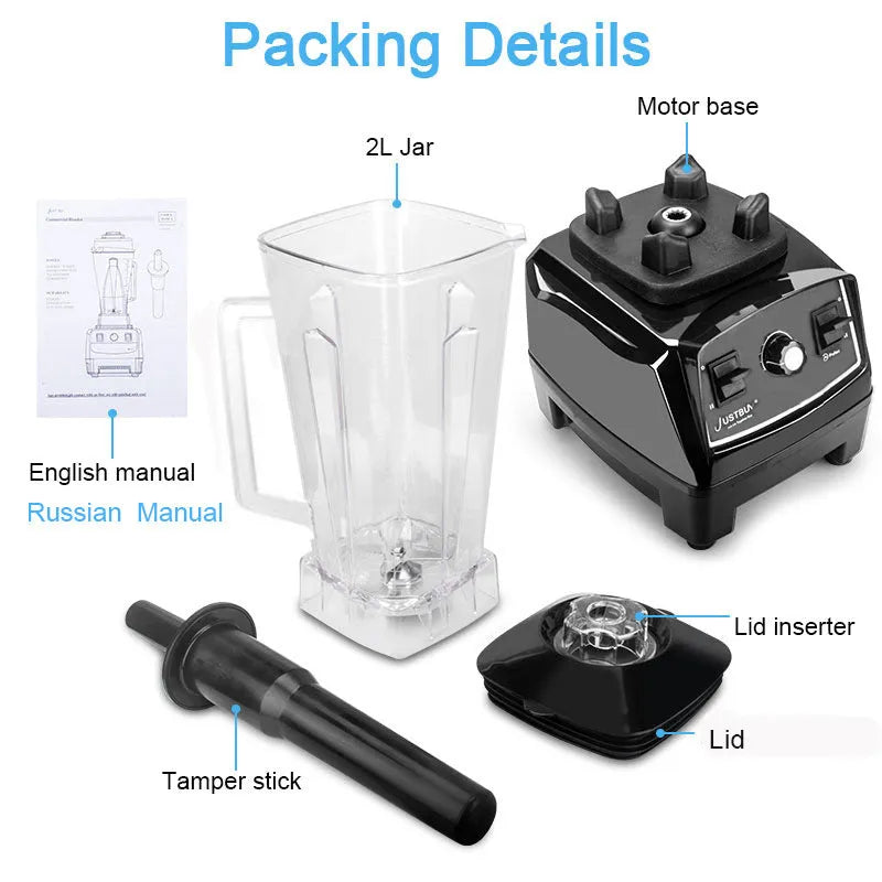 2200W kitchen blender with 2-litre jug, stainless steel blades, and control panel showing three speed settings