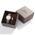 Women's rhinestone leaf bracelet watch set with 34mm round dial, alloy strap, and gold or silver finish