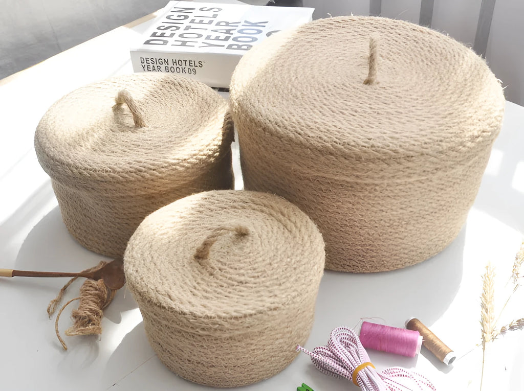 Japanese-style linen storage basket with dustproof cover in three sizes for bedroom organisation