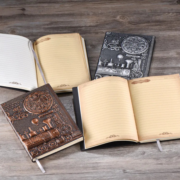 European relief retro notepad diary showing embossed cover texture and 21.5x14.5cm dimensions