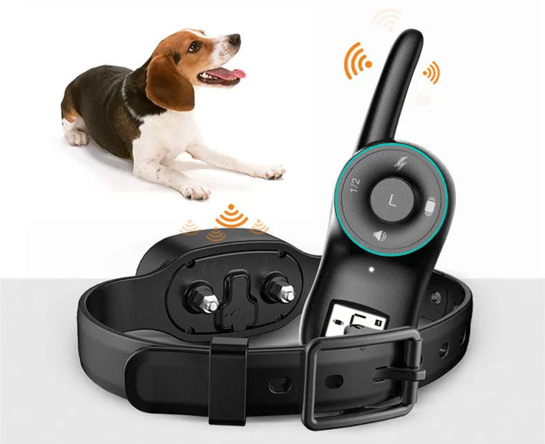 Black waterproof dog training collar with remote control showing shock, vibration and beep buttons