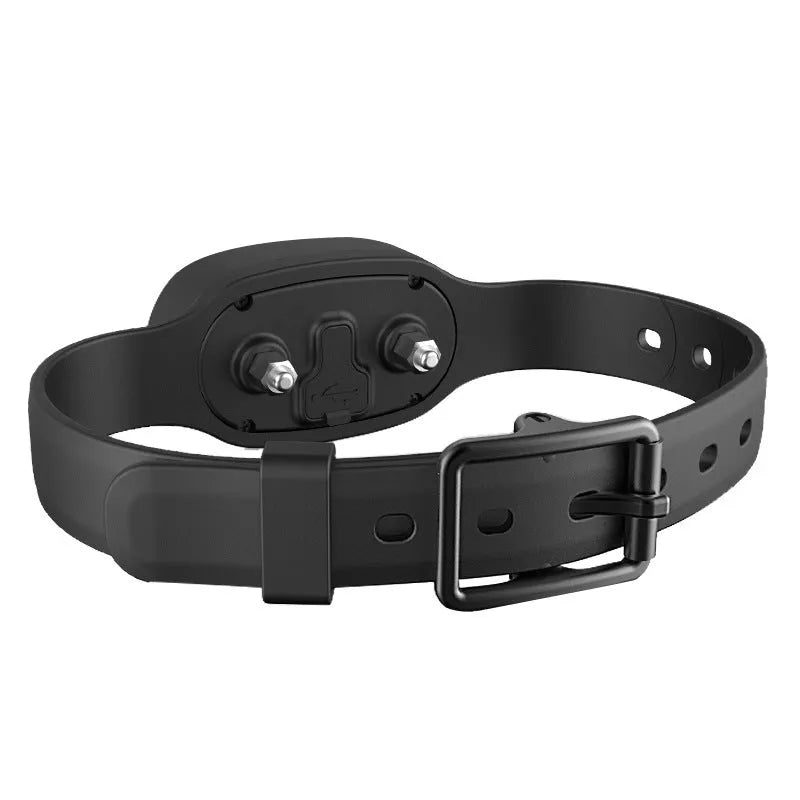 Black waterproof dog training collar with remote control showing shock, vibration and beep buttons