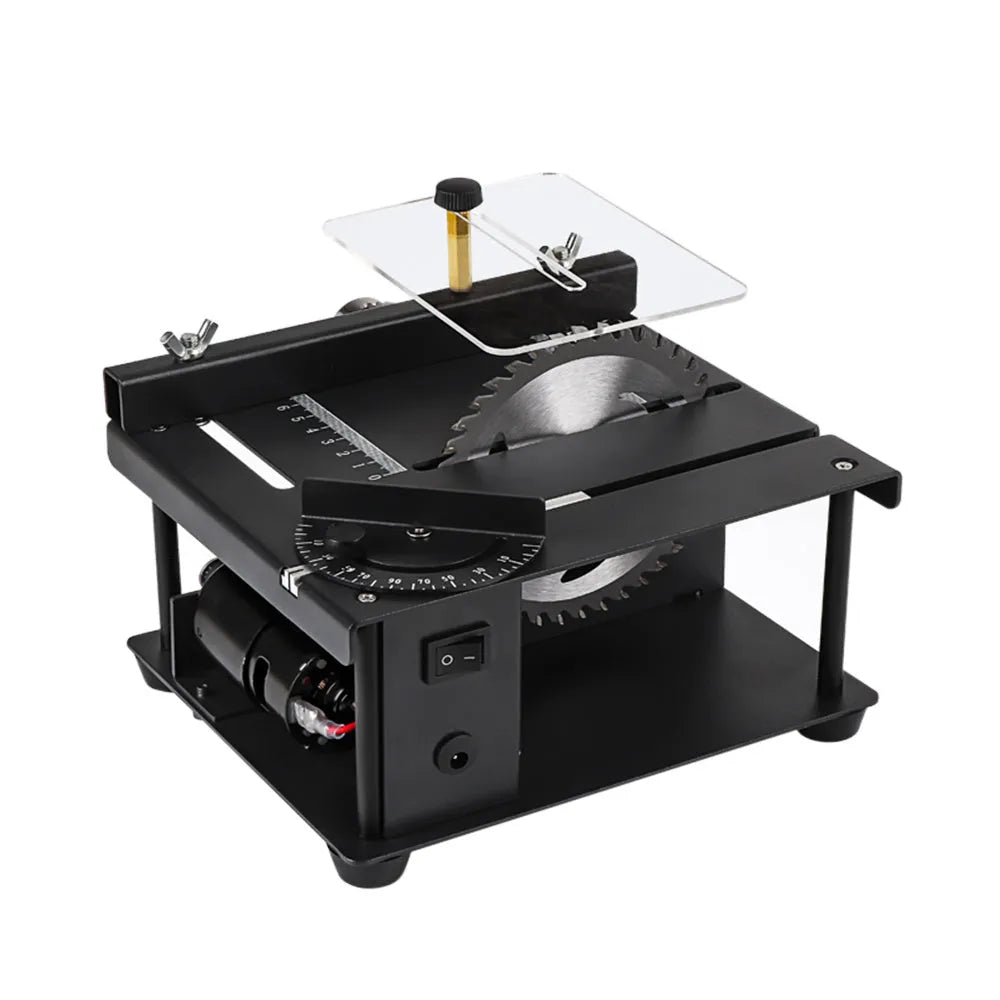 Black miniature table saw with sliding mechanism and 110mm blade for 40mm cutting depth