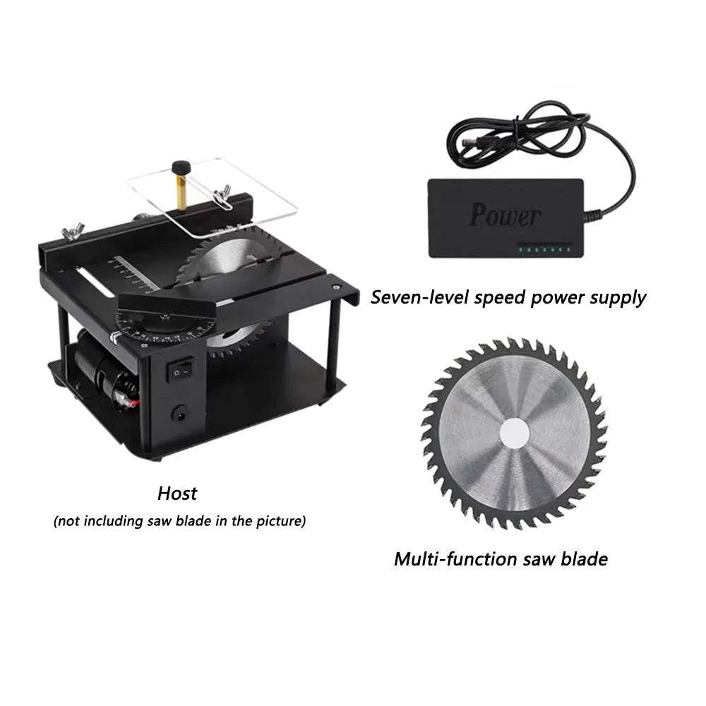 Black miniature table saw with sliding mechanism and 110mm blade for 40mm cutting depth