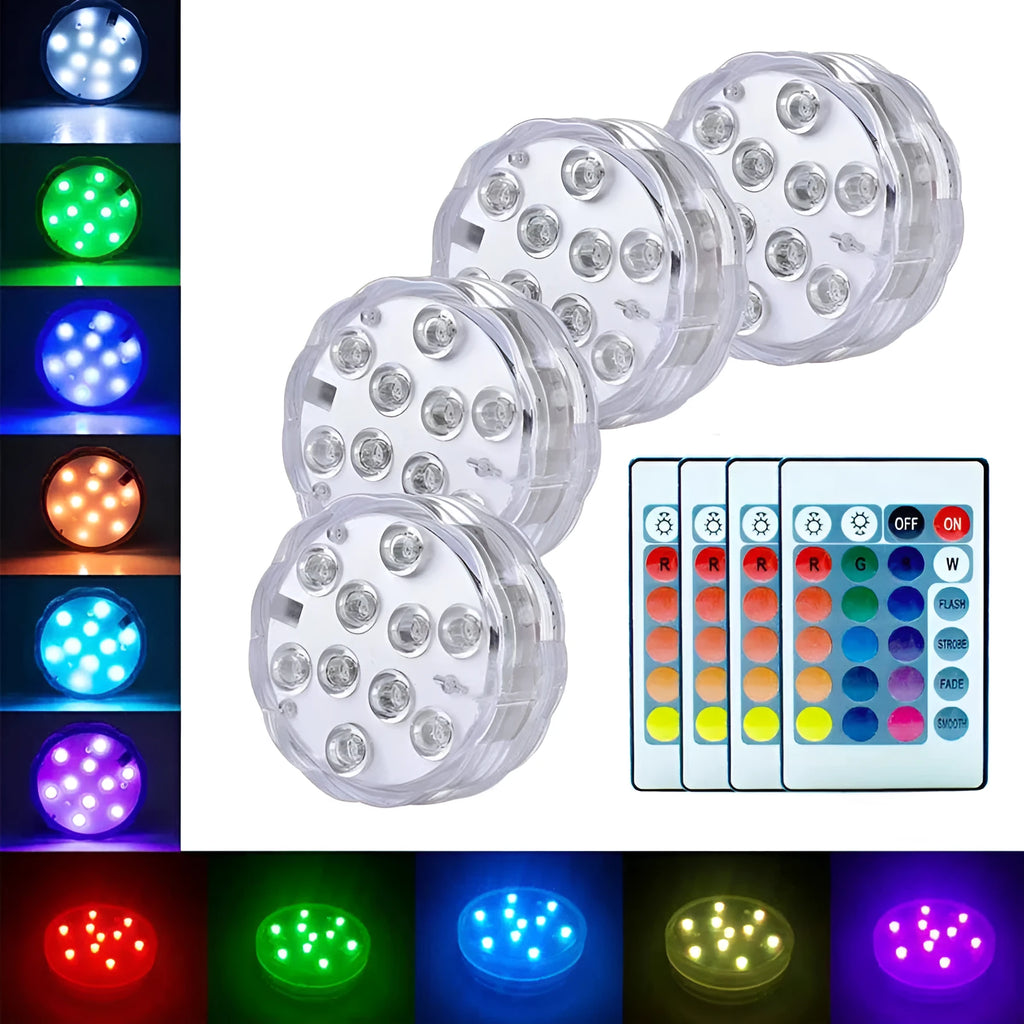 Round white remote control waterproof LED light with colour-changing LEDs for garden and pool decoration.