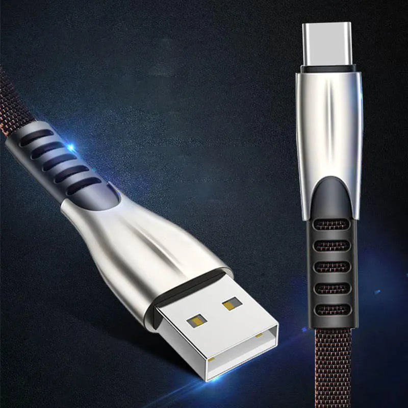 Black fast-charging USB cable with flashing LED light for Android phones.