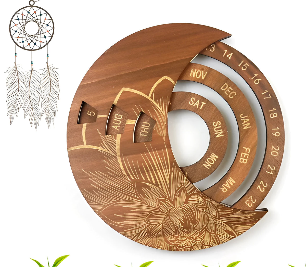 Round wooden wall calendar in 5mm basswood with laser landscape flower design, hanging home ornament in four colours