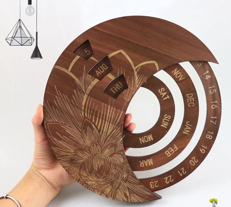 Round wooden wall calendar in 5mm basswood with laser landscape flower design, hanging home ornament in four colours