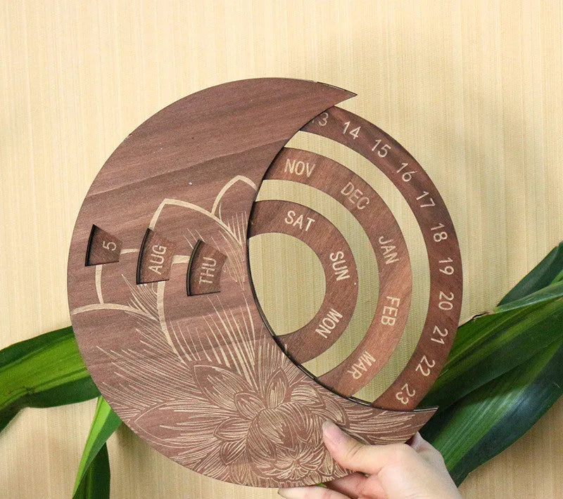 Round wooden wall calendar in 5mm basswood with laser landscape flower design, hanging home ornament in four colours