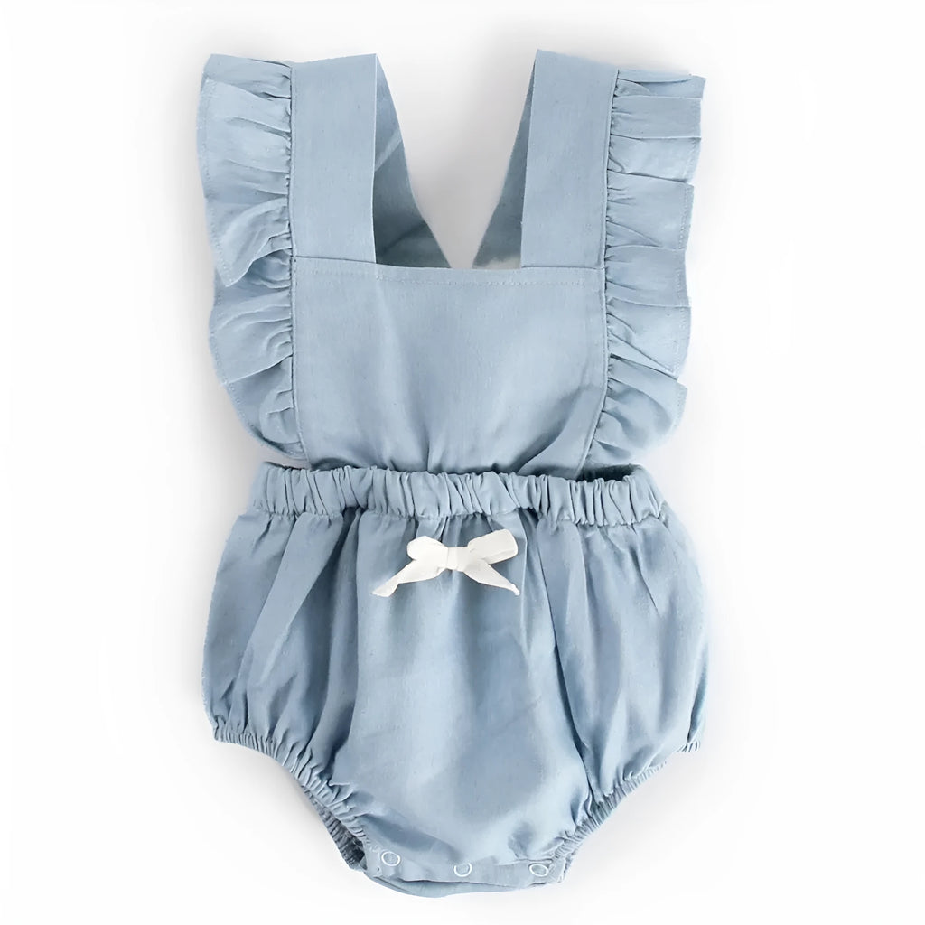 Blue denim lace sleeveless baby romper one-piece bodysuit on a hanger