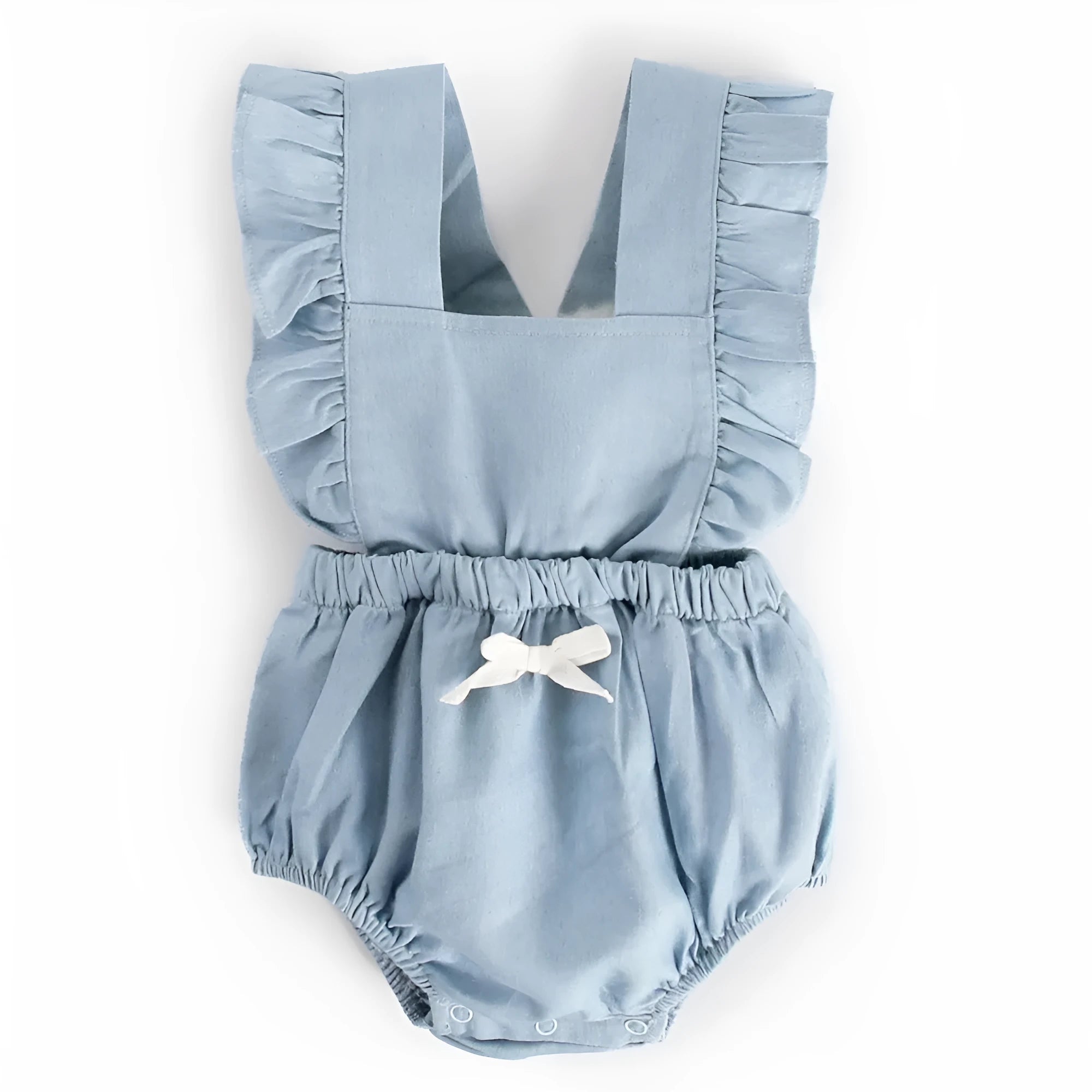 Blue denim lace sleeveless baby romper one-piece bodysuit on a hanger