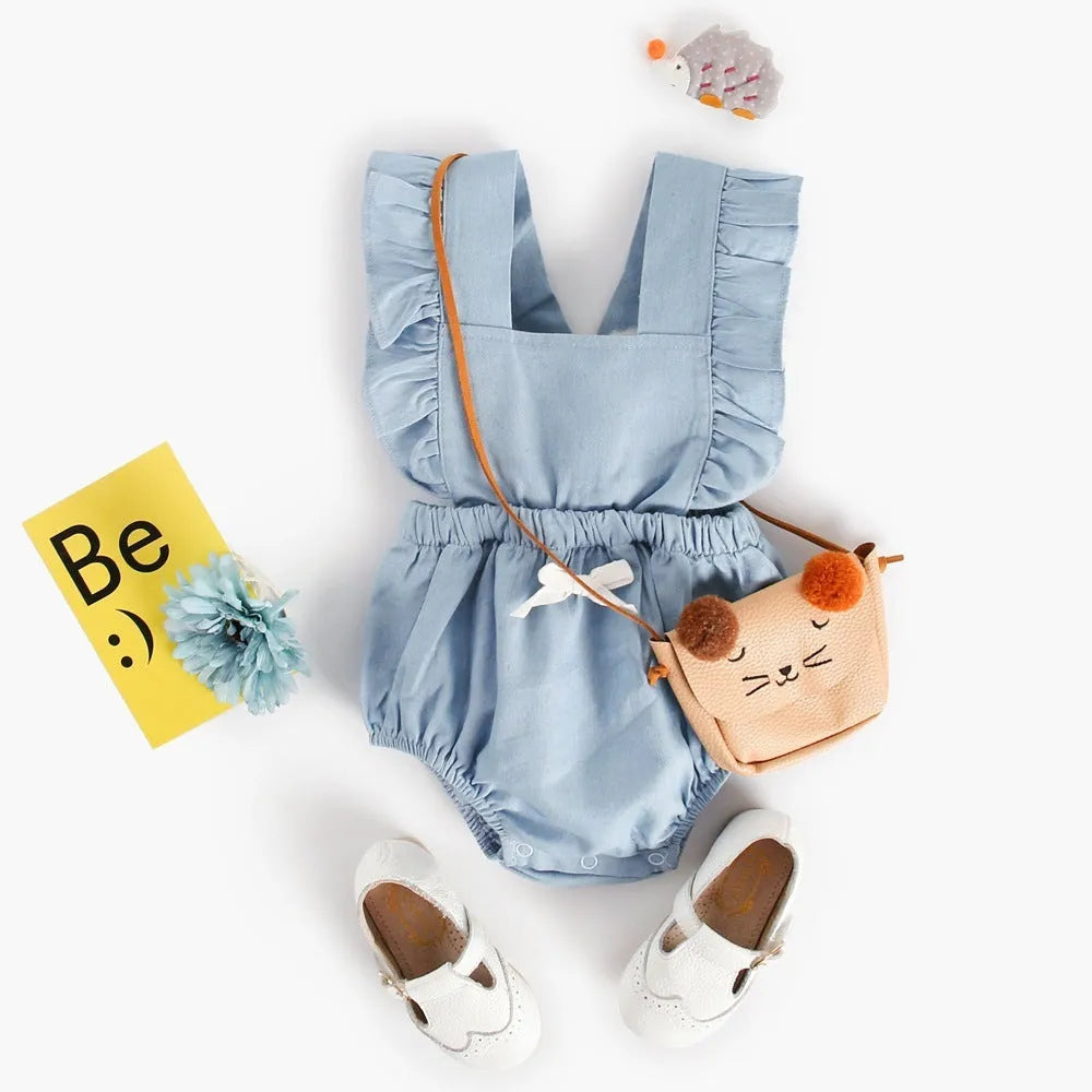 Blue denim lace sleeveless baby romper one-piece bodysuit on a hanger