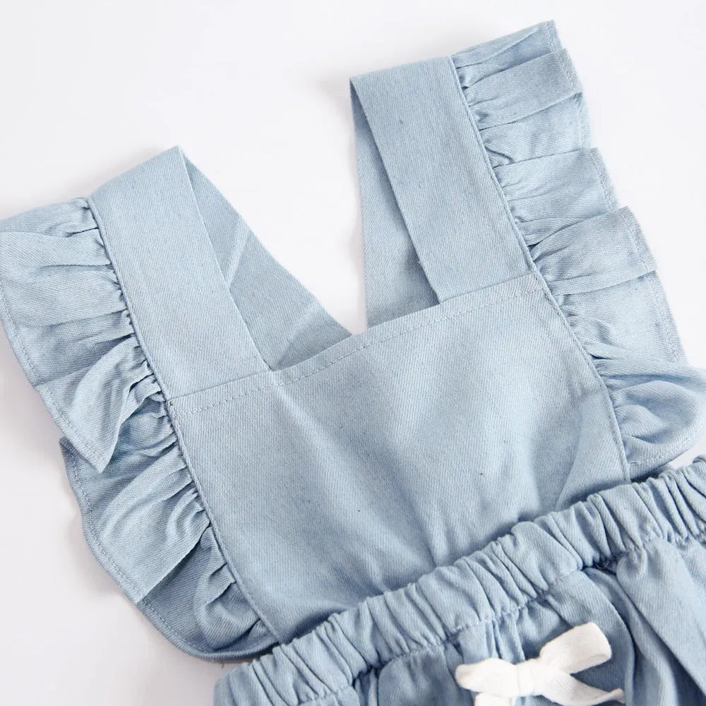 Blue denim lace sleeveless baby romper one-piece bodysuit on a hanger