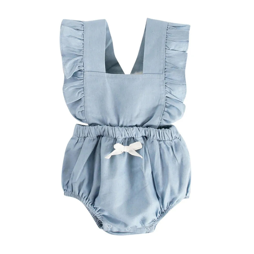 Blue denim lace sleeveless baby romper one-piece bodysuit on a hanger