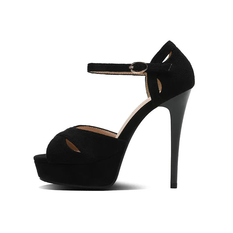 Black women's platform sandals with fish mouth toe and waterproof Roman style design