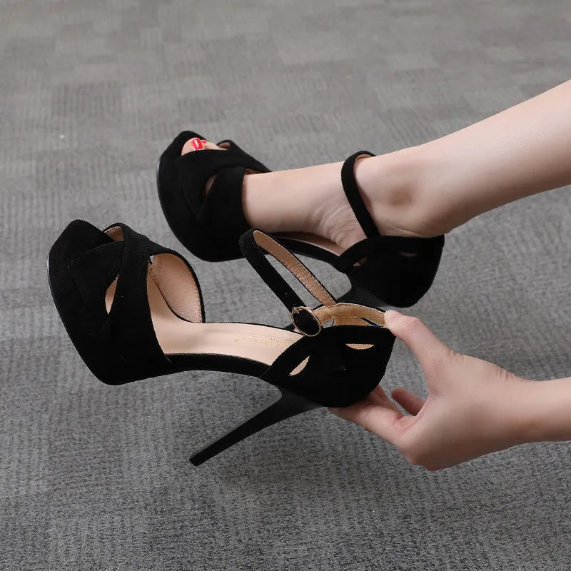 Black women's platform sandals with fish mouth toe and waterproof Roman style design