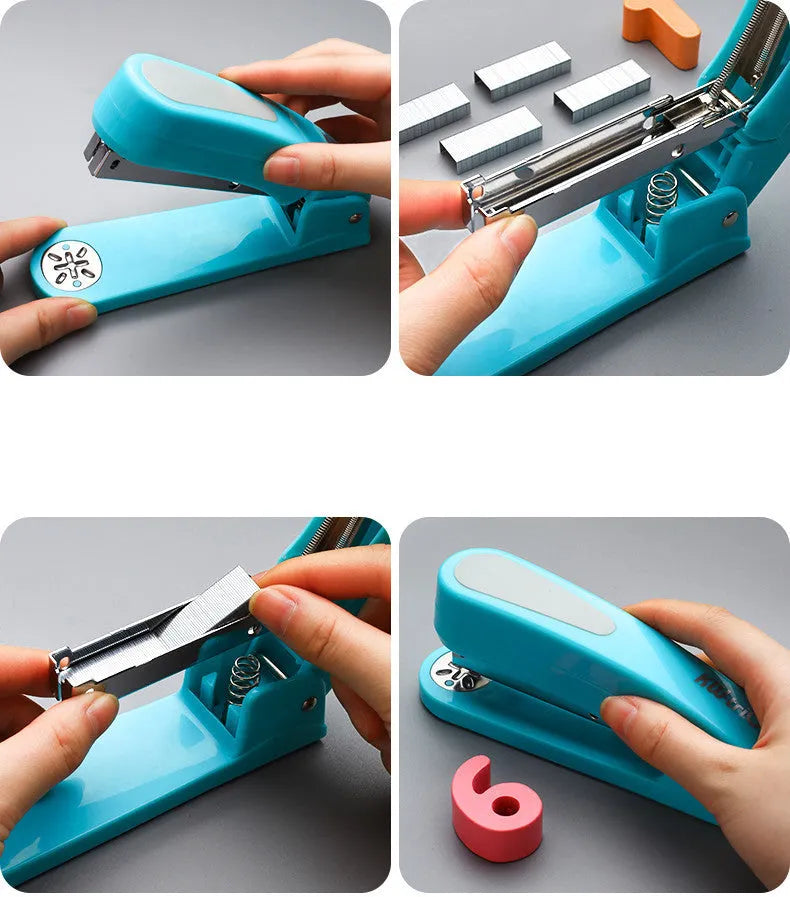 Rotatable stapler in black showing 360-degree head rotation and metal nail outlet for binding documents