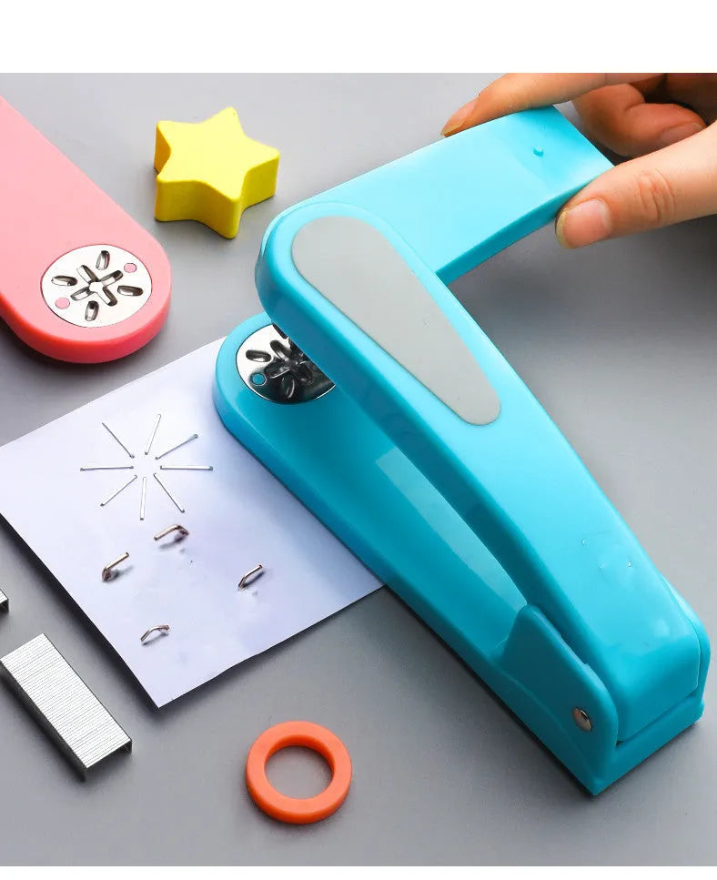 Rotatable stapler in black showing 360-degree head rotation and metal nail outlet for binding documents