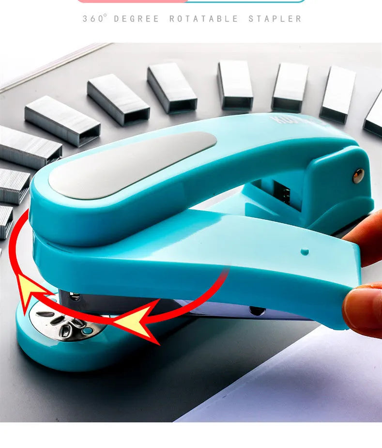 Rotatable stapler in black showing 360-degree head rotation and metal nail outlet for binding documents