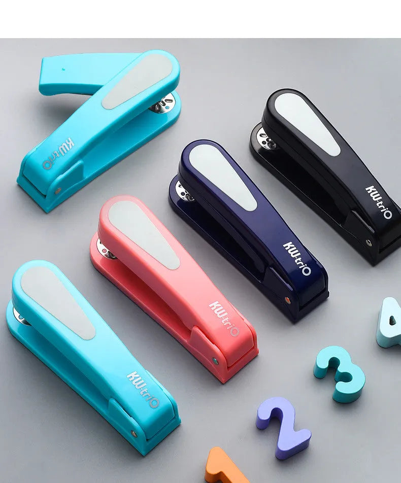 Rotatable stapler in black showing 360-degree head rotation and metal nail outlet for binding documents