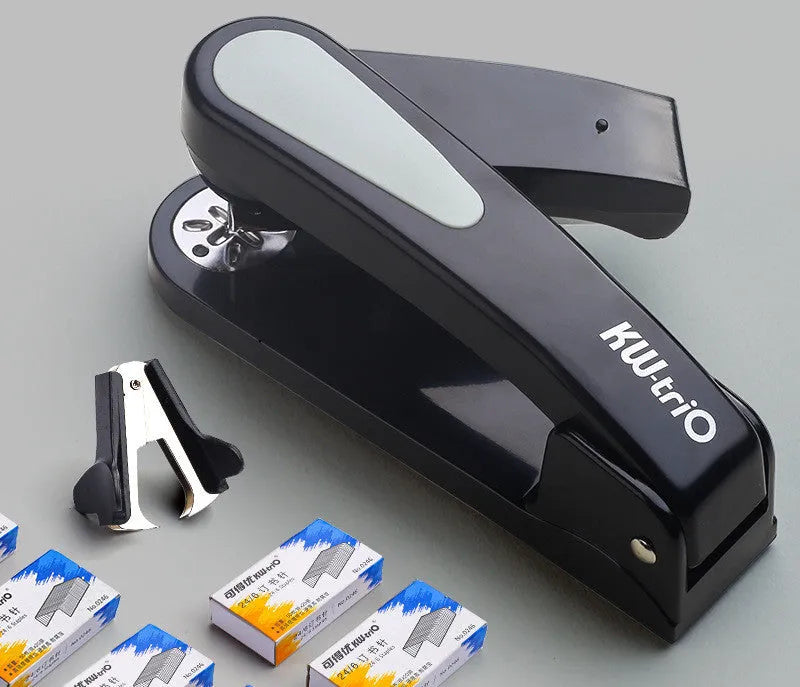 Rotatable stapler in black showing 360-degree head rotation and metal nail outlet for binding documents