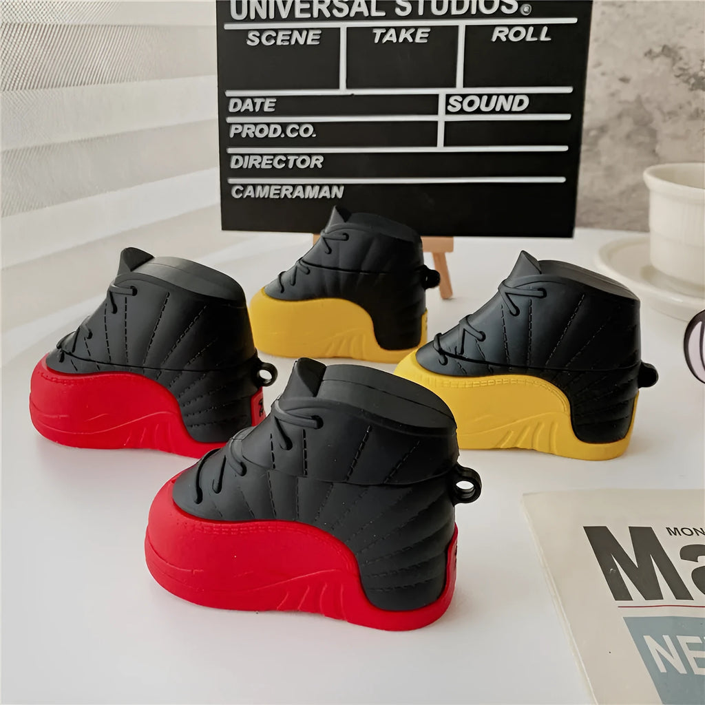 Silicone flip AirPods protective cover in black and red-shoes or black and yellow-shoes colour